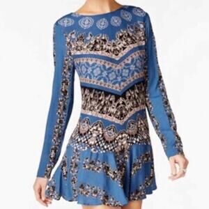 Free People Smooth Talker Tunic Dress w Pockets XS Bohemian Mini Blue Open Back
